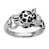 Image of Charles Garnier Rhodium-plated Sterling Silver & Epoxy Panther Ring w/ Green CZ Eyes