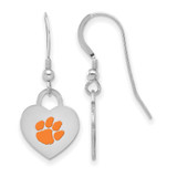 Image of Sterling Silver Rhodium-plated LogoArt Clemson University Enamel Heart Dangle Earrings