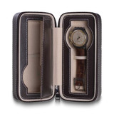 Image of Brown Leather Velour Lined Zippered 2-Watch Travel Case (Gifts)