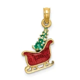 Image of 14K Yellow Gold 3-D Enamel Sleigh w/Christmas Tree Pendant
