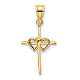 Image of 10K Yellow Gold Polished Double Hearts On Stick Cross Pendant