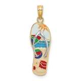 Image of 14K Yellow Gold w/Rhodium Multi-Colored 3D Enamel Beach Scene On Flip-Flop Pendant