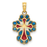 Image of 14K Yellow Gold Blue, White and Red Enameled w/ Lace Trim Cross Pendant