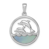 Image of Sterling Silver Rhodium-plated Polished Round Blue Agate Double Dolphin Pendant