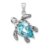 Image of Sterling Silver Rhodium-plated Antiqued Blue Crystal Turtle Pendant