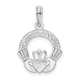 Image of De-Ani Sterling Silver Rhodium-Plated Polished and Textured Claddagh Circle Pendant