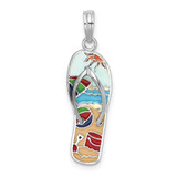 Image of De-Ani Sterling Silver Rhodium-Plated 3D Enameled Beach Scene Flip-flop Pendant