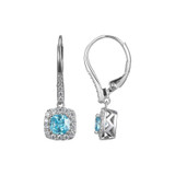Image of ELLE Sterling Silver "Radiance" Cushion-cut Blue & Clear CZ Halo Leverback Drop Earrings