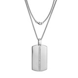 24 inch Mens Rhodium-Plated Sterling Silver Engravable ID Pendant w/ Lab-Created White Sapphire Chain Necklace