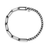 8.5 inch Mens Brushed Gun Metal Sterling Silver Italian Half Paper Clip Chain / Half Bead Bracelet