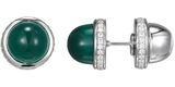 ELLE Jewelry - Rhodium-plated Sterling Silver Stud Earrings w/ Genuine Green Agate Cabochon & CZ