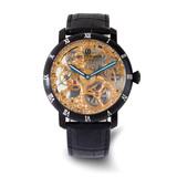 Charles-Hubert 44mm Mens Black Leather Stainless Steel Mechanical Wrist Watch w/ Skeleton Dial