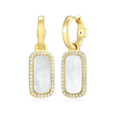 Yellow Gold-Plated Sterling Silver Rectangular Mother of Pearl & White CZ Halo Huggie Earrings by ELLE