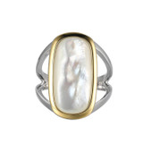 Rhodium- and Gold-Plated Sterling Silver Split Shank Ring with Elongated White Mother of Pearl Inlay by ELLE