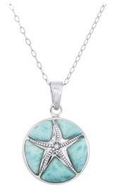 18 inch Sterling Silver Starfish Pendant Necklace w/ Larimar & Lab-Created CZ Ocean Theme
