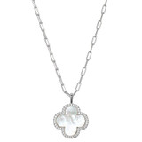 17 inch+2 inch Rhodium-Plated Sterling Silver White Mother of Pearl and CZ Clover Pendant Necklace by Charles Garnier