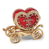 Luxury Giftware by Jere Pewter Bejeweled Crystals Gold-tone Enameled SCARLET HEART Carriage w/Ring Pad Trinket Box with Matching 18 Inch Necklace