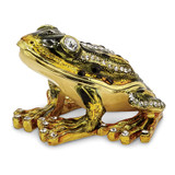 Luxury Giftware Pewter Bejeweled Crystals Gold-tone Enameled JUMPIN FROG FLASH Green Frog Trinket Box with Matching 18 Inch Necklace