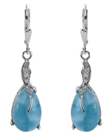 Sterling Silver Leverback Earrings Genuine Larimar Teardrop & Swiss Blue Topaz