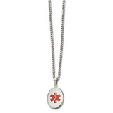 20 inch Stainless Steel Curb Chain Necklace with Polished Red Enamel Oval Medical ID Pendant
