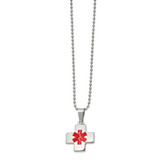 20 inch Stainless Steel Necklace Ball Chain with Polished Red Enamel Cross Medical ID Pendant