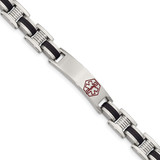 8 inch Polished Stainless Steel and Black Rubber Medical ID Link Bracelet with Red Enamel Symbol