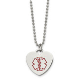 22 inch Stainless Steel  Ball Chain Necklace with Polished Red Enamel Heart Medical ID Pendant