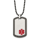 30 inch Stainless Steel Antiqued Ball Chain Necklace with Polished & Black IP-Plated Greek Key Edge Medical ID Dog Tag Pendant