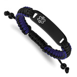 7.5-10.5 inch Adjustable Black and Blue Nylon Medical ID Bracelet with Polished Black IP-Plated Stainless Steel Engraving Plate