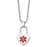 24 inch Stainless Steel Ball Chain Necklace with Polished Red Enamel Heart Lock Medical ID Pendant
