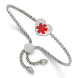 Adjustable Friendship-Style Stainless Steel Medical ID Bracelet with Polished Red Enamel Heart
