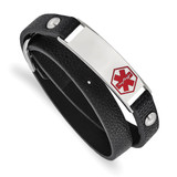 5.5-6.75 inch Stainless Steel Polished Red Enamel Medical ID Black Leather Adjustable Wrap Bracelet