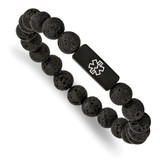6 inch Stainless Steel Brushed Black IP-Plated White Enamel Medical ID 8.5mm Lava Stone Beaded Stretch Bracelet