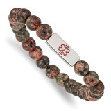 6.5 inch Stainless Steel Polished Red Enamel Medical ID 8.5mm Poppy Jasper Beaded Stretch Bracelet