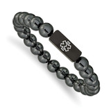 6.75 inch Stainless Steel Brushed Black IP-Plated White Enamel Medical ID 8mm Hematite Beaded Stretch Bracelet