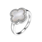 Charles Garnier Rhodium-Plated Sterling Silver White Mother-of-Pearl & Cubic Zirconia Clover Halo Ring - 11x1MM
