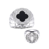 Charles Garnier Rhodium-Plated Sterling Silver Black Agate & Cubic Zirconia Clover Medallion Ring - 10x1MM