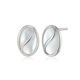 ELLE Rhodium-Plated Sterling Silver White Mother-of-Pearl Sculptural Oval Stud Earrings - 11 × 7 × 1.8mm