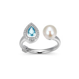 ELLE Rhodium-Plated Sterling Silver Cultured Freshwater Pearl & Blue Topaz & Cubic Zirconia Open Pear Ring - 6 × 4mm