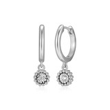 M by Monte Luna Rhodium-Plated Sterling Silver Lab-Created Diamond Round Beaded Halo Huggie Drop Earrings