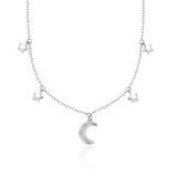 M by Monte Luna Rhodium-Plated Sterling Silver Lab-Created Diamond Dangling Moon & Stars Necklace