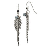 1928 Jewelry Silver-Tone and Black-Plated Leaf Pattern Jet Black and Hematite Crystal and Glass Beads Dangle French Wire Earrings, 74 mm