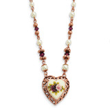 1928 Jewelry Rose-Tone Heart Filigree Frame Purple Faceted Crystal Bead Simulated Pearl Rose Floral Motif 15 Inch Necklace