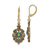 1928 Antique Gold-Tone Blue Glass Aurora Borealis Sheen Leverback Dangle Earrings, 47.49 mm
