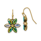 1928 Gold-Tone Blue Iridescent Aurora Borealis Glass Stone Flower Dangle French Wire Earrings, 24.15 mm