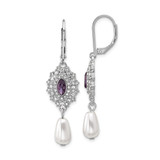 1928 Silver-Tone Purple Crystal with Simulated Pearl Dangle Leverback Drop Earrings, 48.05 mm