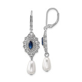1928 Silver-Tone Blue Crystal with Simulated Pearl Dangle Leverback Drop Earrings, 48.05 mm