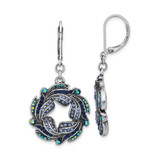 1928 Silver-Tone Iridescent Aurora Borealis and Blue Crystal Wreath Leverback Dangle Earrings, 46.2 mm