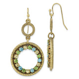 1928 Jewelry Brass-Tone Textured Frame Blue Green and Light Colorado Crystal Double Circle Dangle French Wire Earrings, 52 mm