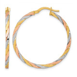 10K Yellow Gold Hollow with Rose and White Rhodium Polished Twisted 2.00 x 34 mm Tube Hoop Earrings, 35 mm Long